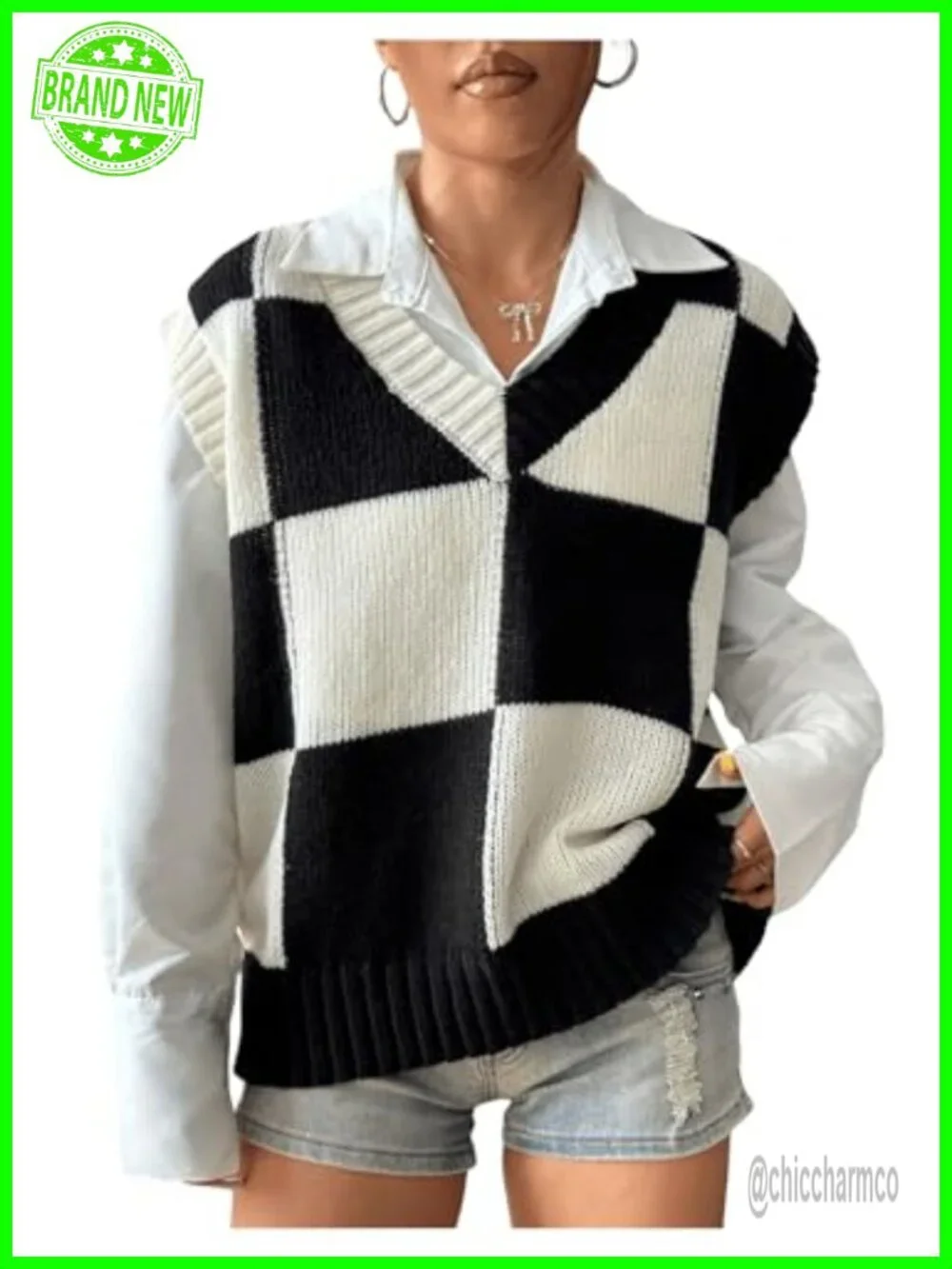 V-Neck Plaid Knit Sweater Vest Cap Sleeve Oversized